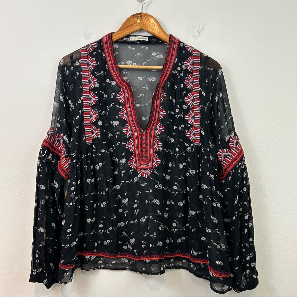 Ulla Johnson Embroidered Silk Top Black Floral V-Neck Sheer